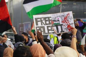 Demonstrators holding 'Free Palestine' signs in Aylesbury, photo from Hamzah Israr @0_100media