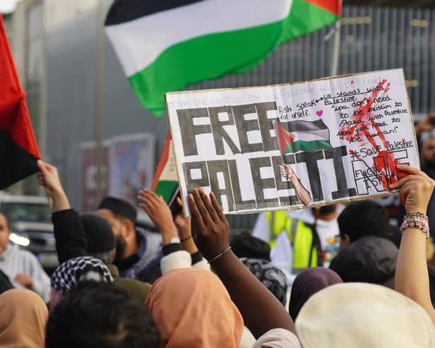 Demonstrators holding 'Free Palestine' signs in Aylesbury, photo from Hamzah Israr @0_100media