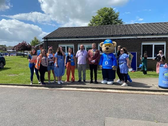The Bucks Radio Bear and Mayor Councillor Tim Dixon opening the Elmhurst School Fayre