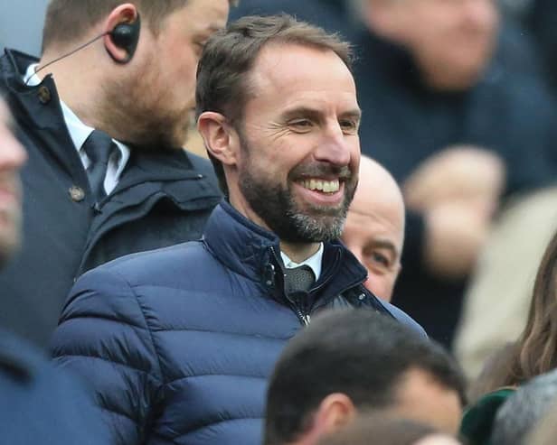 England manager Gareth Southgate takes his seat for the English Premier League football match between Newcastle United and Aston Villa at St James' Park in Newcastle-upon-Tyne, north east England on October 29, 2022. (Photo by LINDSEY PARNABY/AFP via Getty Images)