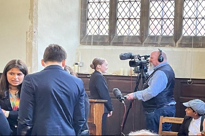 A BBC TV crew filming in the Chantry Chapel