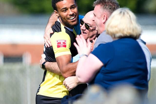 Tyrone Lewthwaite celebrating his goal for Ducks against Barton Rovers Pictures by Mike Snell