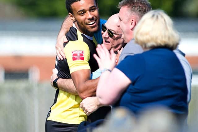 Tyrone Lewthwaite celebrating his goal for Ducks against Barton Rovers  Pictures by Mike Snell