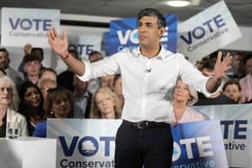 AMERSHAM, ENGLAND - MAY 27: Britain's Prime Minister Rishi Sunak speaks at a Tory party rally at the Amersham and Chiltern Rugby club on May 27, 2024 in Amersham, England. Rishi Sunak announced last week that the UK General Election will be held on July 4th, kicking off a 6-week period of campaigning.  (Photo by Alastair Grant-WPA Pool/Getty Images)