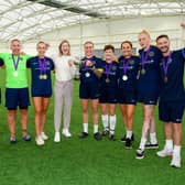Aylesbury Lioness Ellen White celebrates with the winning Royal Navy team at the  inaugural Public Sector Women's Football Tournament