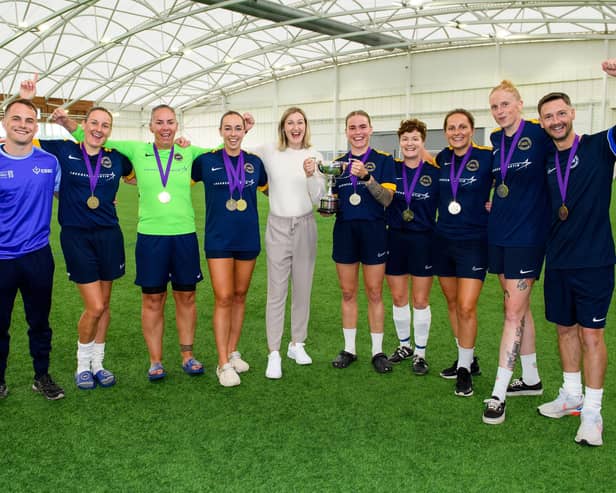 Aylesbury Lioness Ellen White celebrates with the winning Royal Navy team at the  inaugural Public Sector Women's Football Tournament