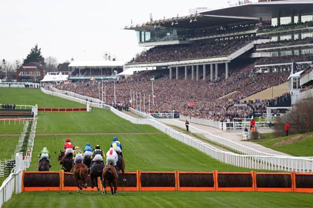 The iconic scene at Cheltenham as packed stands prepare to cheer on the runners in the opening race of the festival. (PHOTO BY: Adrian Dennis/Getty Images)