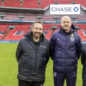 Aylesbury's Craig Baker with former England head coach Lee Carsley and Shahla Khaliqiar