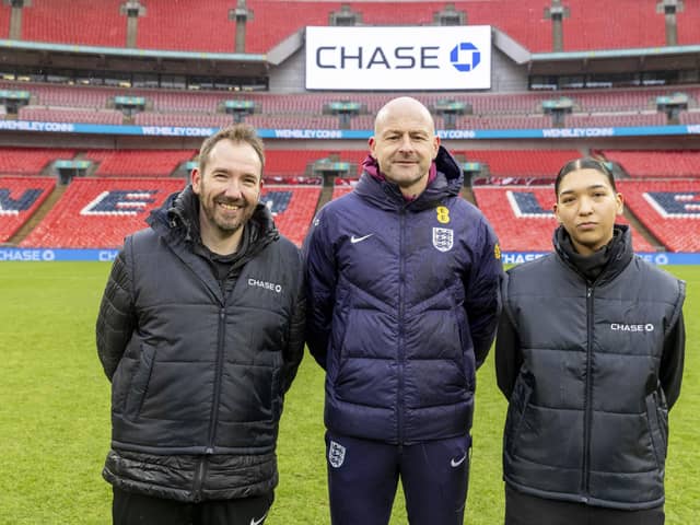 Aylesbury's Craig Baker with former England head coach Lee Carsley and Shahla Khaliqiar
