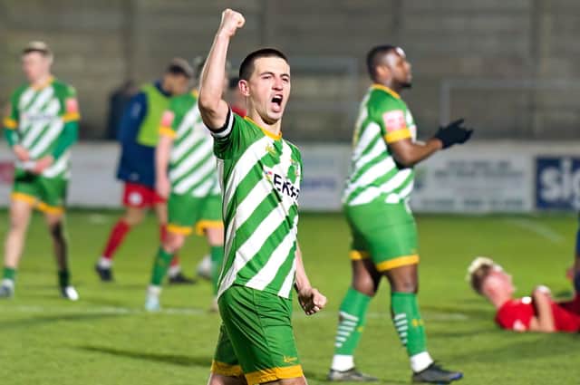 Scorer Jack Wood celebrates after the Ducks beat Dunstable. Photo: Mike Snell.