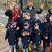 from left Simone Mitchell, Headteacher of Beachborough School, Steven Broadbent, Buckinghamshire Council's Cabinet Member for Transport and Cathy Knott, Clerk from Westbury Parish Council join the children on the crossing