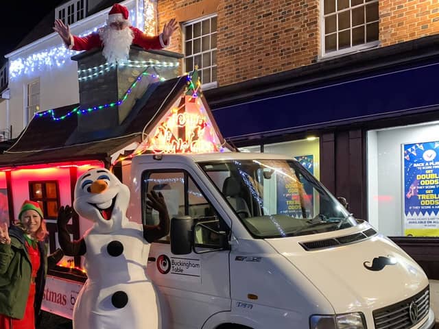 The Santa float at the Buckingham lights switch-on