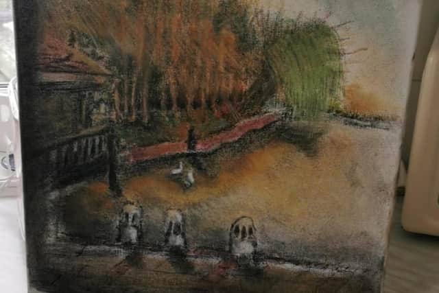 One of Adrian's works depicting the view looking out to the lake from the Watermead piazza