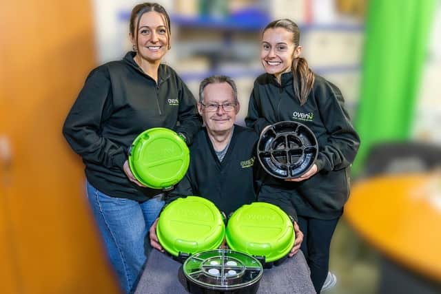 Rik Hellewell shows off some Gredi-Boxes with members of Ovenu’s head office team, Vikki Openshaw and Shannon Martin