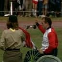 John Harris delivering the Paralympics Games oath in 1984 in Stoke Mandeville, ©Wheel Power
