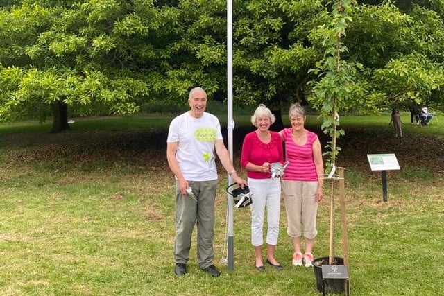 Gordon Wiseman, Jo Anderson and Vron Corben plant a wild service tree