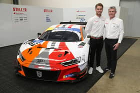 James Wood (right) and Sennan Fielding with the Steller Motorsport Audi R8 that they will drive in the 2023 Michelin Le Mans Cup.