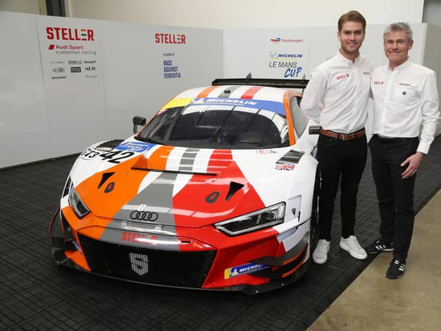 James Wood (right) and Sennan Fielding with the Steller Motorsport Audi R8 that they will drive in the 2023 Michelin Le Mans Cup.