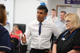 MILTON KEYNES, ENGLAND - AUGUST 15:  Prime Minister Rishi Sunak in Milton Keynes Hospital on August 15, 2023 in Milton Keynes, England. (Photo by Leon Neal - WPA Pool/Getty Images)