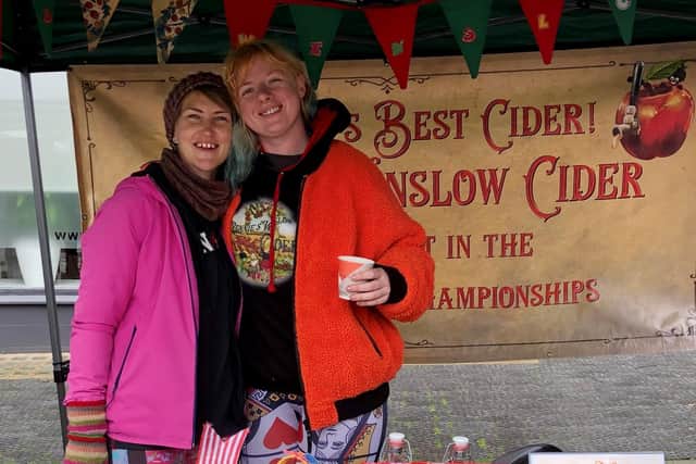 CEO of Youth Concern Hannah Asquith, left, with Abbie Neal of Rennies Winslow Cider at Winslow Farmers' Market