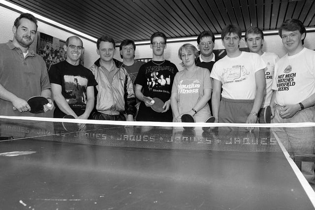 Table tennis players from the Mansfield Brewery gather during 1990.