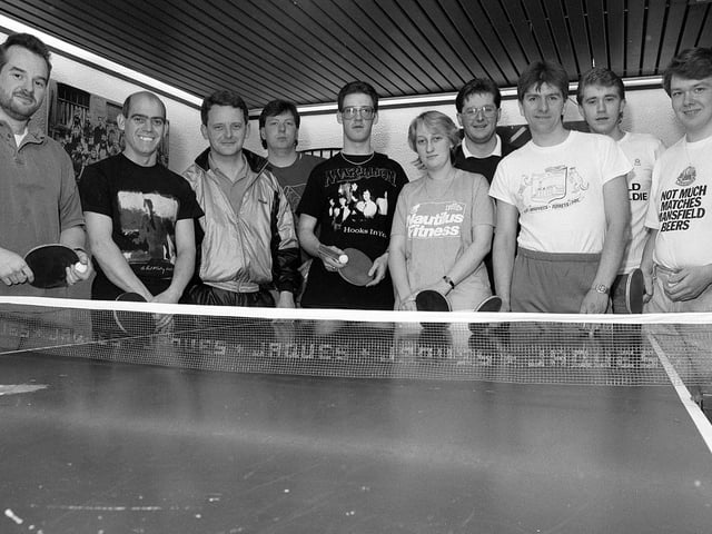 Table tennis players from the Mansfield Brewery gather during 1990.