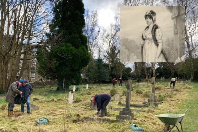 Pictured: The cemetery with volunteers helping out, inset: Countess of Bridgewater, Charlotte Catherine Anne Egerton