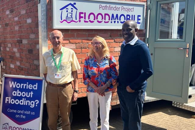 Outside the Floodmobile: Buckingham & Villages Community Board chairman Howard Mordue with ward members Caroline Cornell and Ade Osibogun