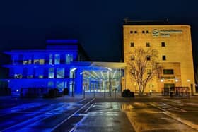 The council's blue and yellow lighting in tribute to Ukraine