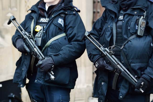 While police officers do not routinely carry guns, forces may use specially-trained firearms officers in response to some crimes.