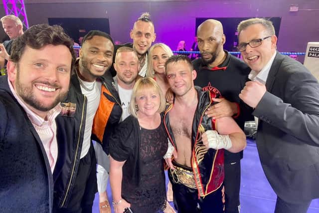 Steven Cook with friends and family after his WKA World Championship victory