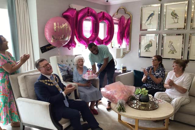 Evie's 100th birthday celebrations at Bartlett Residential in Stone