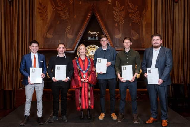 Amanda Waring, Master of the Furniture Makers’ Company, with some of the winners of the Furniture Makers’ Company’s ‘60 for 60’ in Buckinghamshire: Anthony Goodwin, Duncan McGrath-Simpson, Thomas Acland, James Eddy and Thomas Winfield