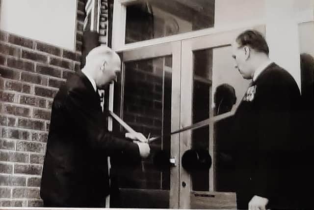 Branch president Allan Wigley and the Lord Lieutenant of Bucks open the RBL headquarters in Winslow on May 12 1979