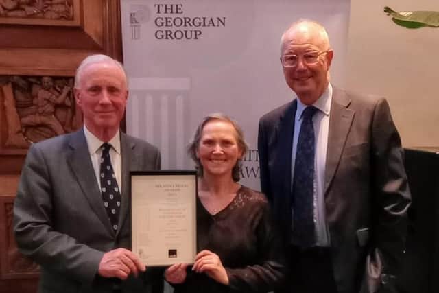 Anna McEvoy of Stowe House receiving the Georgian Group award for 'Restoration of a Country House'