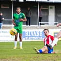 Harry Jones scoring the third goal for Ducks against Kempston Rovers Picture by Mike Snell