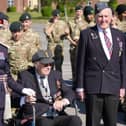 His Majesty's Lord Lieutenant of Buckinghamshire, The Countess Howe, with Second World War veterans, Dick Moon (102), seated, from Burnham and Michael Woods, from Dunstable, during Saturday's VE80 Parade at RAF Halton.