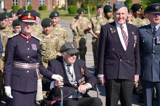 His Majesty's Lord Lieutenant of Buckinghamshire, The Countess Howe, with Second World War veterans, Dick Moon (102), seated, from Burnham and Michael Woods, from Dunstable, during Saturday's VE80 Parade at RAF Halton.