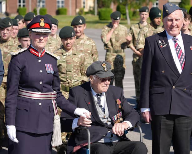 His Majesty's Lord Lieutenant of Buckinghamshire, The Countess Howe, with Second World War veterans, Dick Moon (102), seated, from Burnham and Michael Woods, from Dunstable, during Saturday's VE80 Parade at RAF Halton.