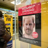 A poster advertising the launch of Prince Harry's memoir, Spare, on sale from today, is seen in a shop window (Picture: Leon Neal/Getty Images)