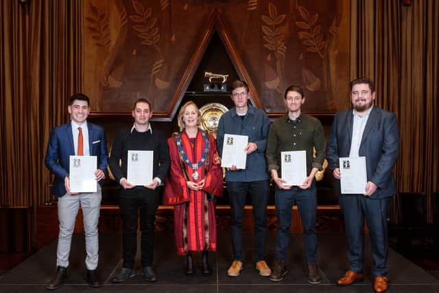 Picture shows (L to R): Amanda Waring, Master of the Furniture Makers’ Company, with some of the win