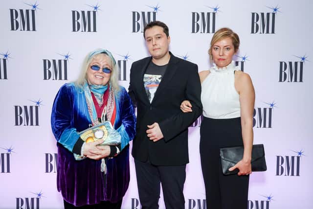 (L-R) Dwina Gibb, Robin Gibb Jr. and Partner Megan attend the BMI London Awards 2023 on October 02, 2023 (Photo by Tim P. Whitby/Getty Images for BMI)