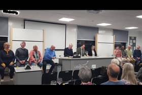 From left: Town team Jane Mordue, Giles Stacey, Marilyn Coxhill, Roger Perkins, question setter Alan Heath, quizmaster Greg Smith, scorekeeper Heather Heath, and Gown team James Slater, Obinna Edeji and Gavin Love