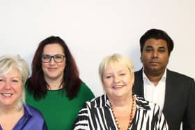 Karen Grillo, Romy Palmer and Carol Grainger - reunited at Berry Recruitment - flanked by colleagues Nitish Soni and Razib Dey
