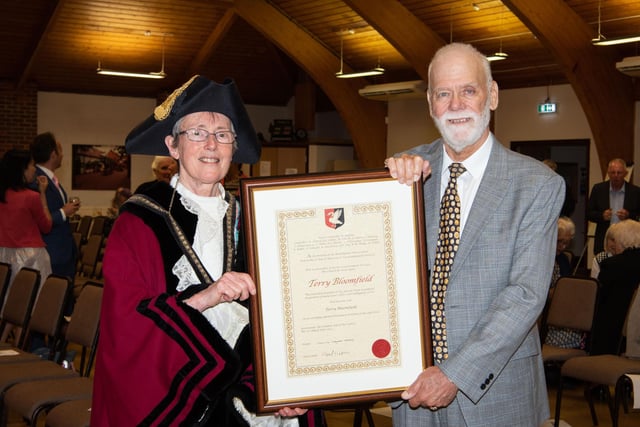 Mayor Margaret Gateley with Terry Bloomfield, who received the Honorary Freedom scroll