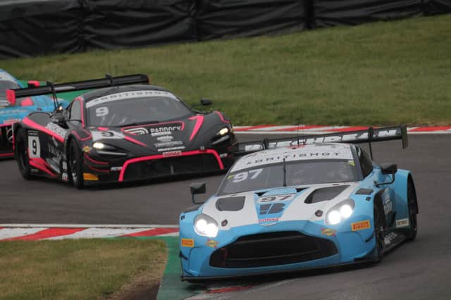 The Silver-Am class leading Beechdean AMR Aston Martin of Andrew Howard and Tom Wood pictured at Oulton Park on Monday (Photo: James Beckett)