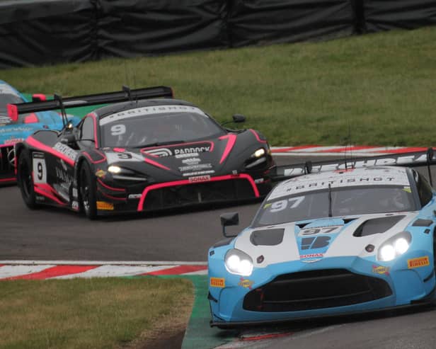 The Silver-Am class leading Beechdean AMR Aston Martin of Andrew Howard and Tom Wood pictured at Oulton Park on Monday (Photo: James Beckett)