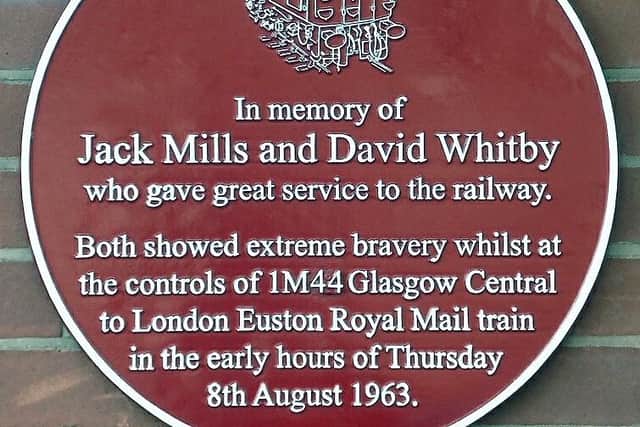 Plaque at Crewe Station honouring the staff who were at the controls of the train the night of the robbery