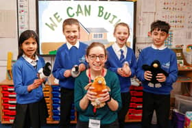 Storyteller Helen Tozer with Year 4 pupils at Buckingham Primary School