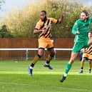 Ken Feyi heads home the opener at Biggleswade. Photo: Mike Snell.